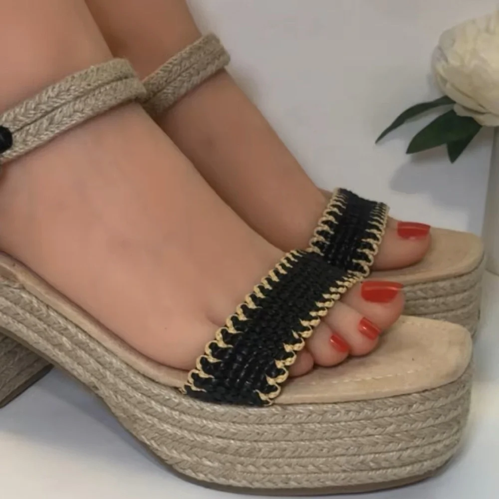 SALE🔥 SZ 11 Black Tan Cream Espadrille Boho Open Toe Chunky Platform Sandals
